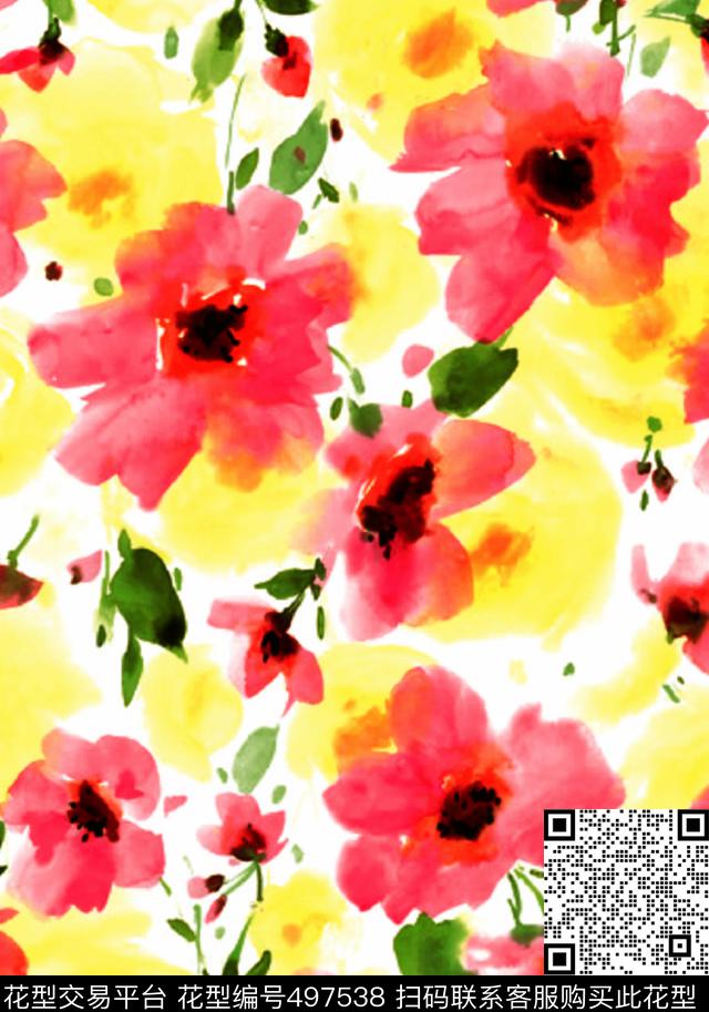 潮流时尚大牌女装手绘水彩花卉数码印花华亿平台下载（图片编号: 497538） - 瓦栏（Walan）