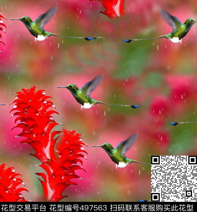 蜂鸟花卉风信子鸟类飞翔数码印花华亿平台下载（图片编号: 497563） - 瓦栏（Walan）