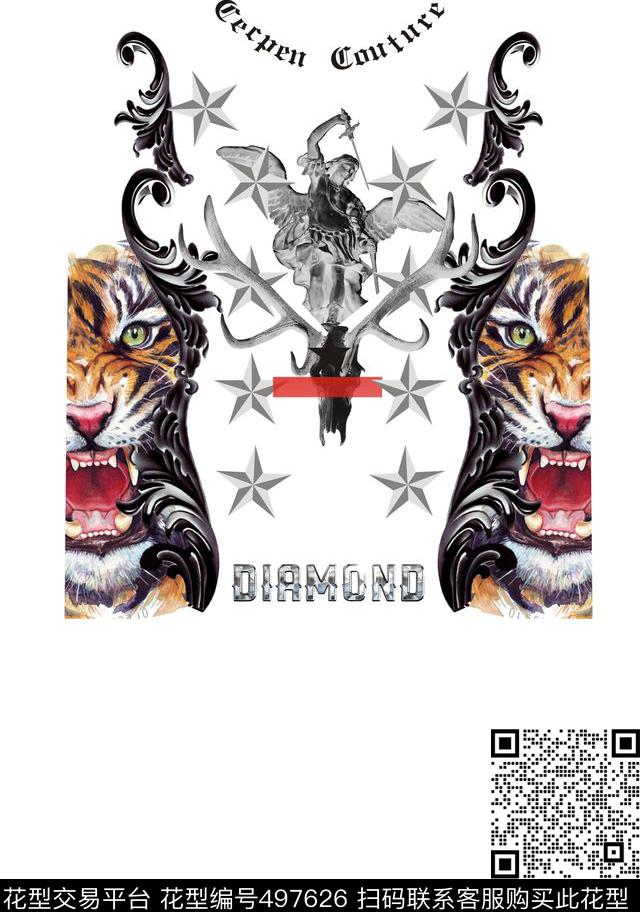 宫廷石膏像老虎牛头数码印花华亿平台下载（图片编号: 497626） - 瓦栏（Walan）