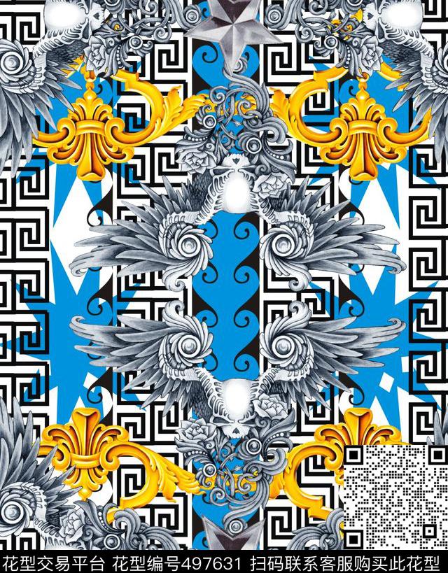 抽象几何骷髅头翅膀时尚华亿平台数码印花华亿平台下载（图片编号: 497631） - 瓦栏（Walan）