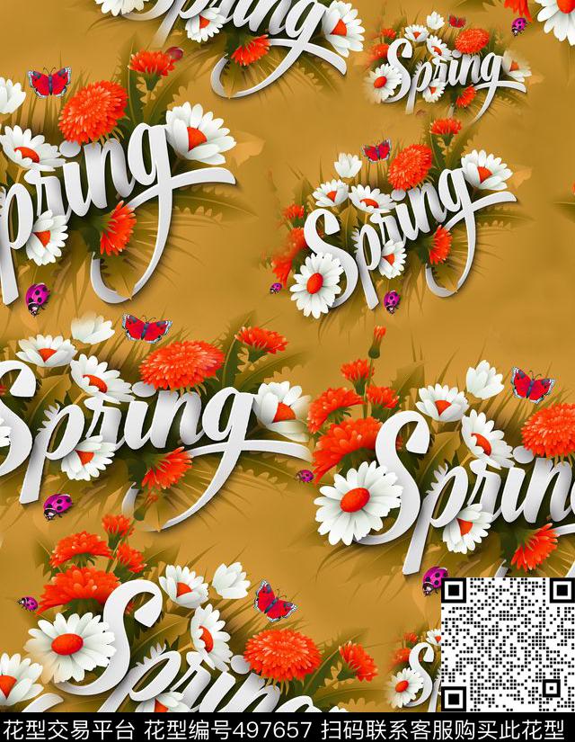 spring春天花卉菊花昆虫瓢虫数码印花华亿平台下载（图片编号: 497657） - 瓦栏（Walan）