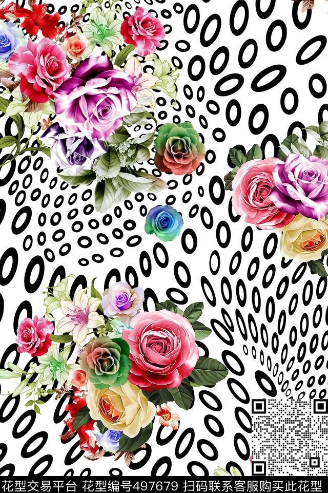 几何抽象圆环组合花卉数码印花华亿平台下载（图片编号: 497679） - 瓦栏（Walan）