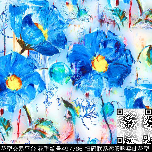 流行时尚欧美手绘水彩花卉数码印花华亿平台下载（图片编号: 497766） - 瓦栏（Walan）