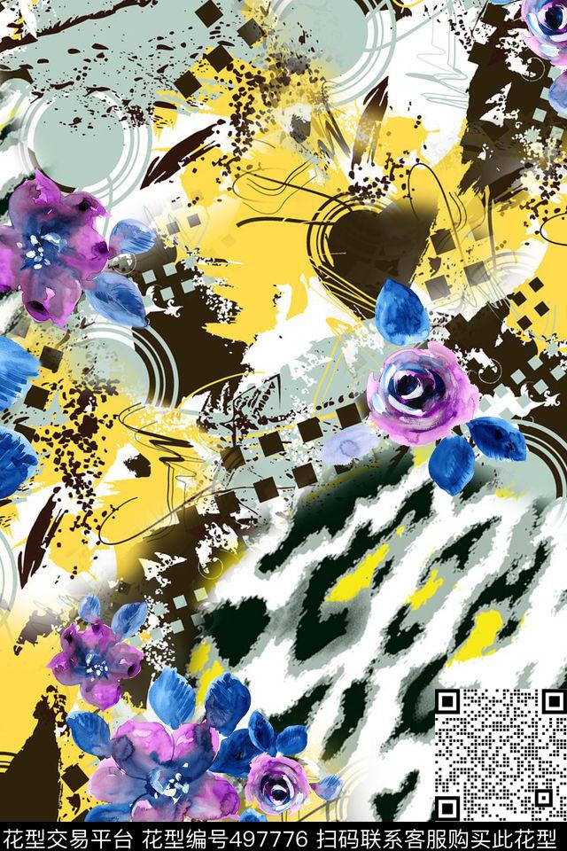 豹纹抽象底纹水彩花数码印花华亿平台下载（图片编号: 497776） - 瓦栏（Walan）