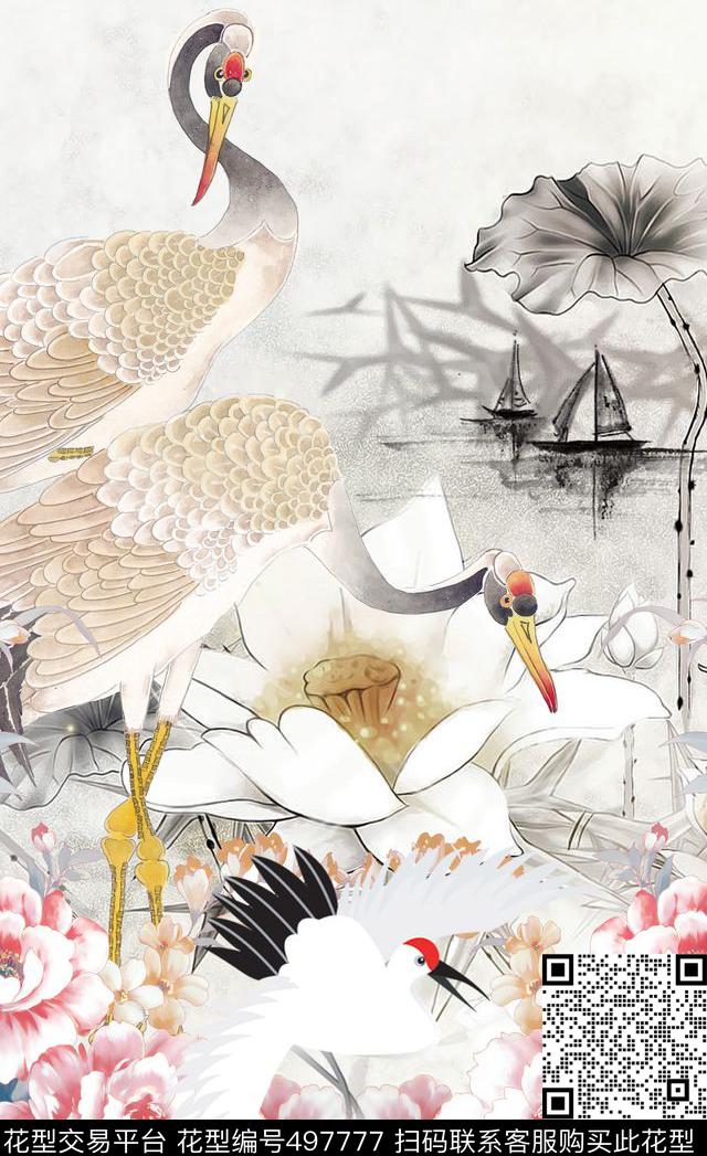 潮流时尚定位手绘花卉仙鹤数码印花华亿平台下载（图片编号: 497777） - 瓦栏（Walan）