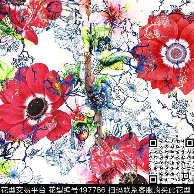 流行时尚手绘水彩花卉欧美数码印花华亿平台下载（图片编号: 497786） - 瓦栏（Walan）