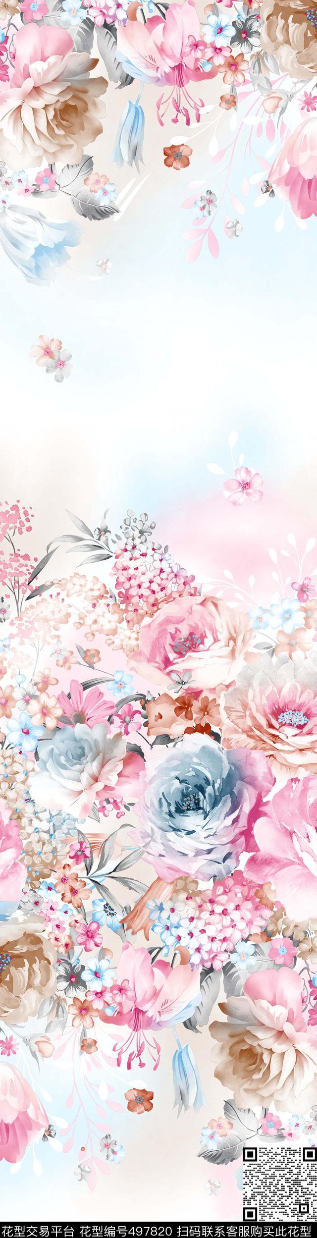 牡丹花手绘田园风数码印花华亿平台下载（图片编号: 497820） - 瓦栏（Walan）