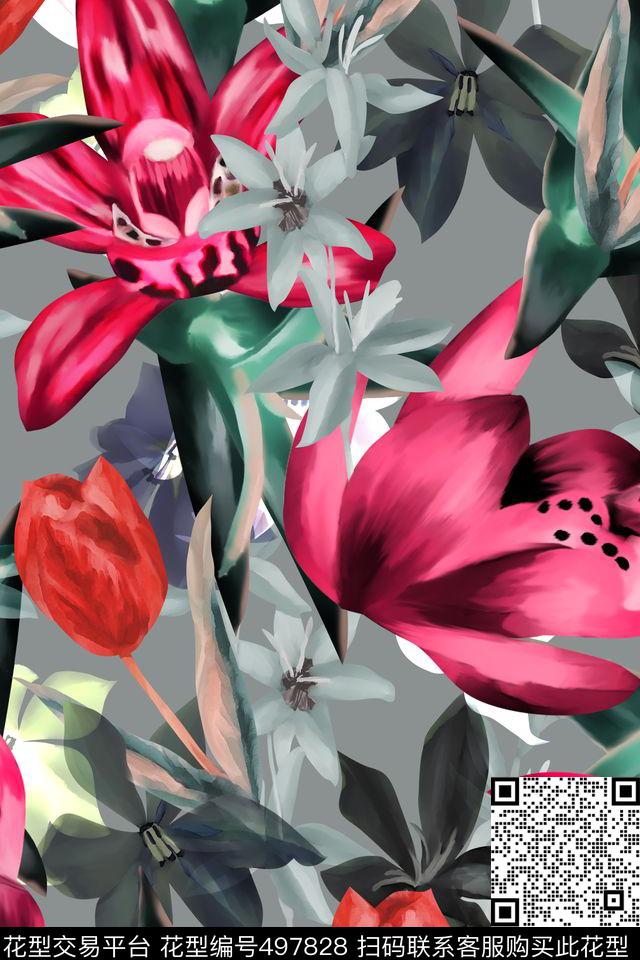 秋冬手绘花卉外套数码印花华亿平台下载（图片编号: 497828） - 瓦栏（Walan）