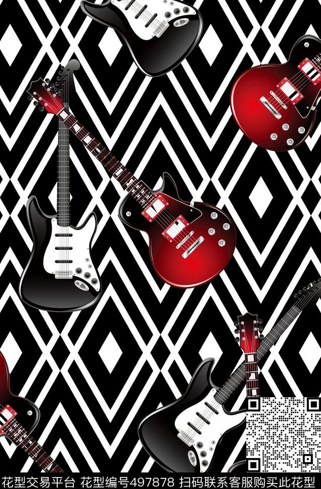 潮牌吉他趣味数码印花华亿平台下载（图片编号: 497878） - 瓦栏（Walan）
