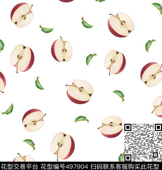 半边苹果、红苹果、苹果、绿叶、树叶、果叶水果系列水果类数码印花华亿平台下载（图片编号: 497904） - 瓦栏（Walan）