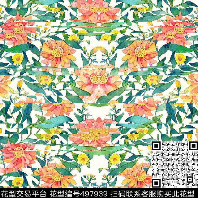 条纹花卉复古时尚数码印花华亿平台下载（图片编号: 497939） - 瓦栏（Walan）