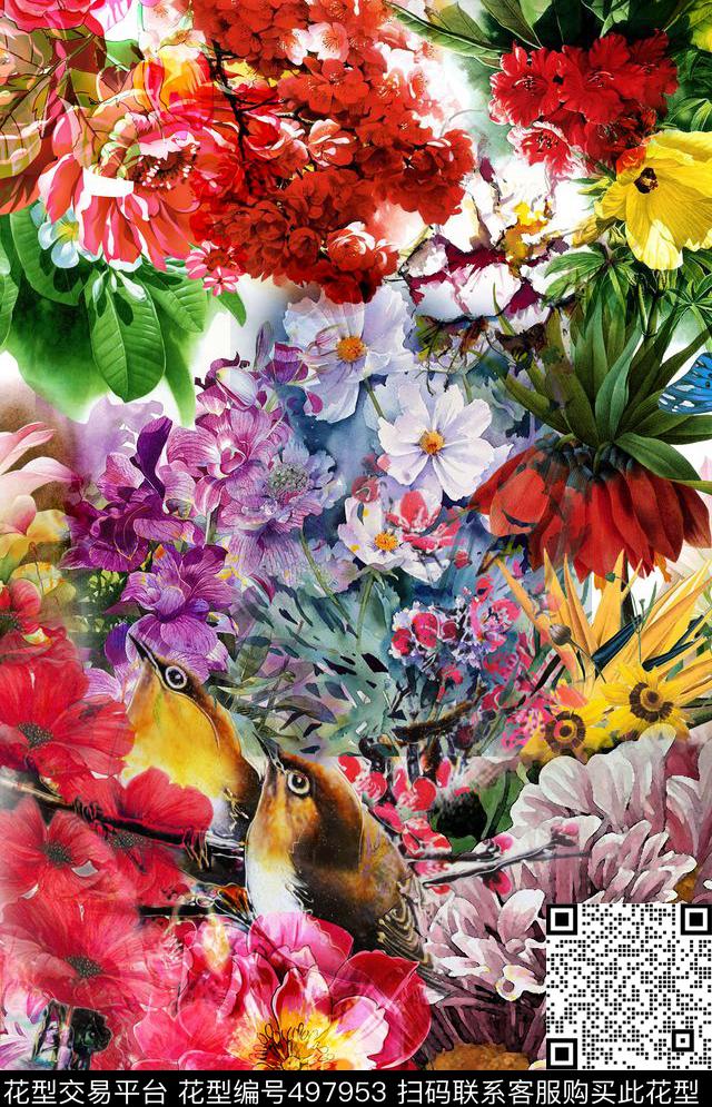 复古花卉鸟大牌女装数码印花华亿平台下载（图片编号: 497953） - 瓦栏（Walan）