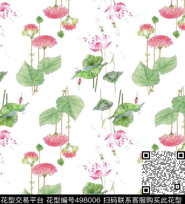 荷花花卉中国风数码印花华亿平台下载（图片编号: 498006） - 瓦栏（Walan）