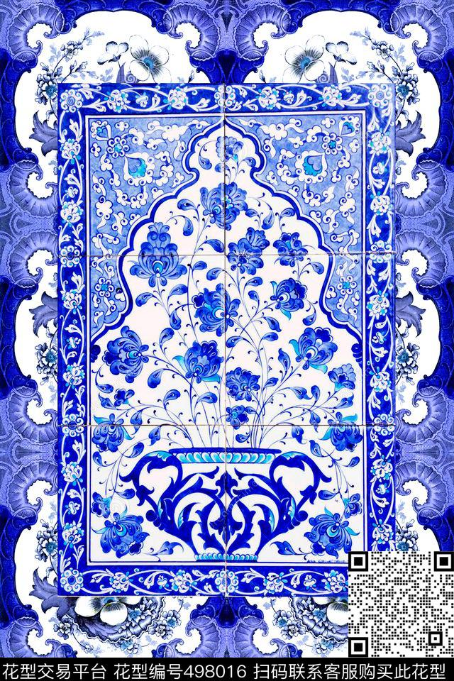 时尚中国风青花瓷数码印花华亿平台下载（图片编号: 498016） - 瓦栏（Walan）