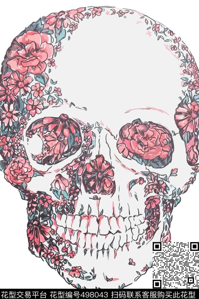 花卉骷髅头时尚T恤小花卉数码印花华亿平台下载（图片编号: 498043） - 瓦栏（Walan）