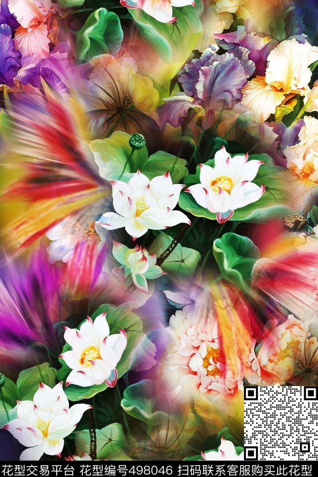 时尚绚丽手绘云纹底羽毛荷花数码印花华亿平台下载（图片编号: 498046） - 瓦栏（Walan）