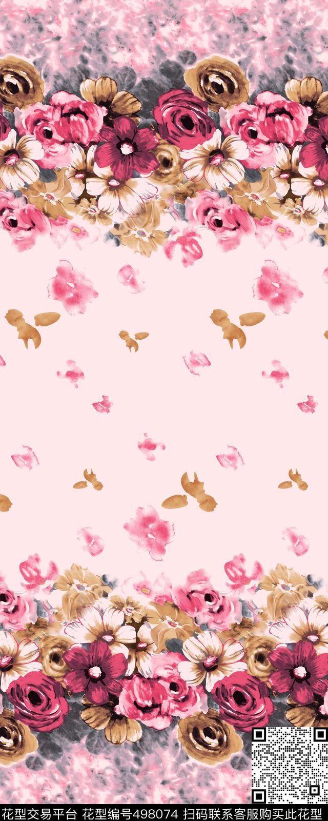 休闲风写意花卉花朵双边定位数码印花华亿平台下载（图片编号: 498074） - 瓦栏（Walan）