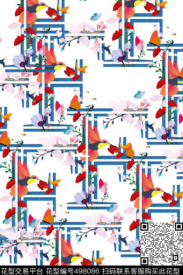 迷宫花卉鸟数码印花华亿平台下载（图片编号: 498086） - 瓦栏（Walan）