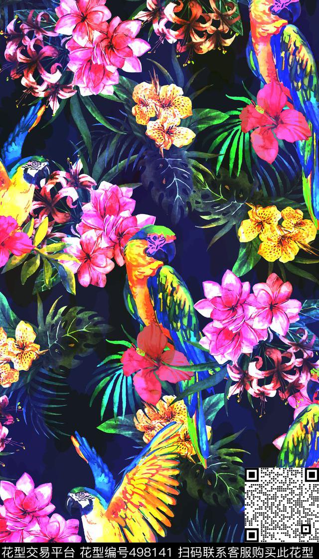 热带风情水彩鹦鹉数码印花华亿平台下载（图片编号: 498141） - 瓦栏（Walan）