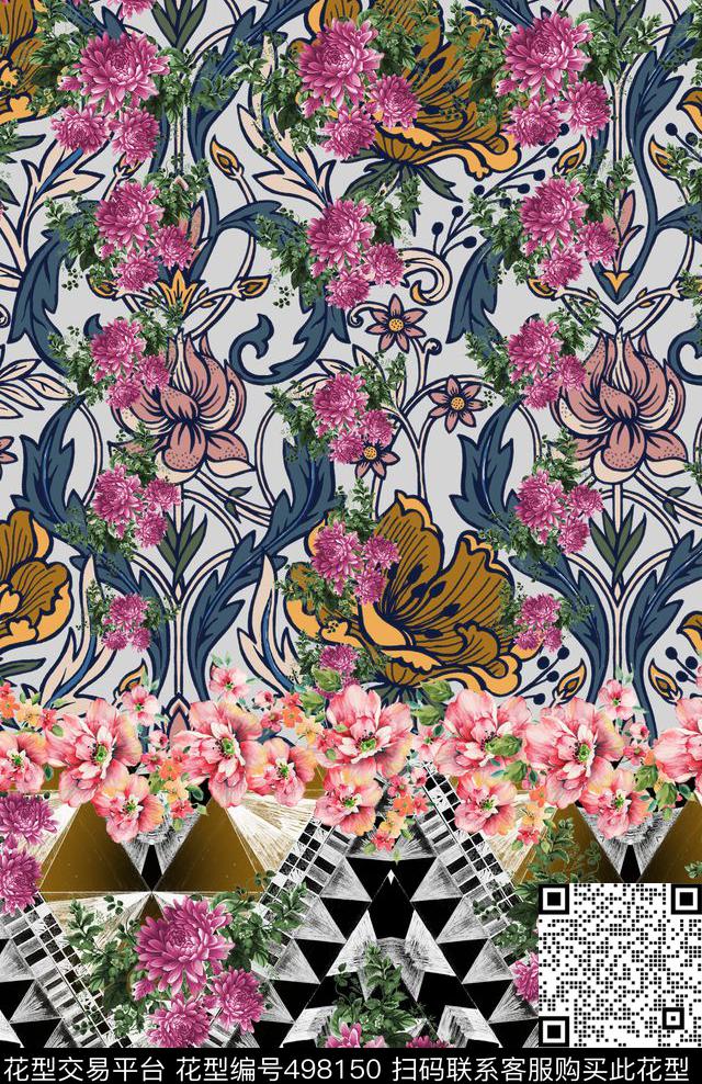 牡丹几何涂鸦数码印花华亿平台下载（图片编号: 498150） - 瓦栏（Walan）