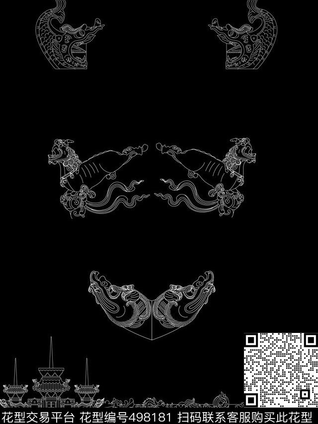 中国风神兽CDRAI传统印花华亿平台下载（图片编号: 498181） - 瓦栏（Walan）