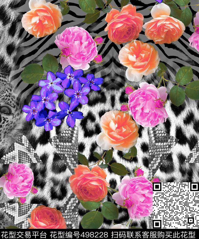 动物纹鮮花混搭动物纹理时尚男装数码印花华亿平台下载（图片编号: 498228） - 瓦栏（Walan）