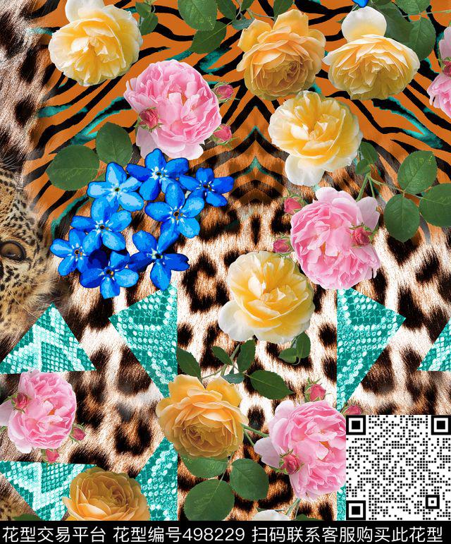 动物纹鮮花混搭动物纹理时尚男装数码印花华亿平台下载（图片编号: 498229） - 瓦栏（Walan）