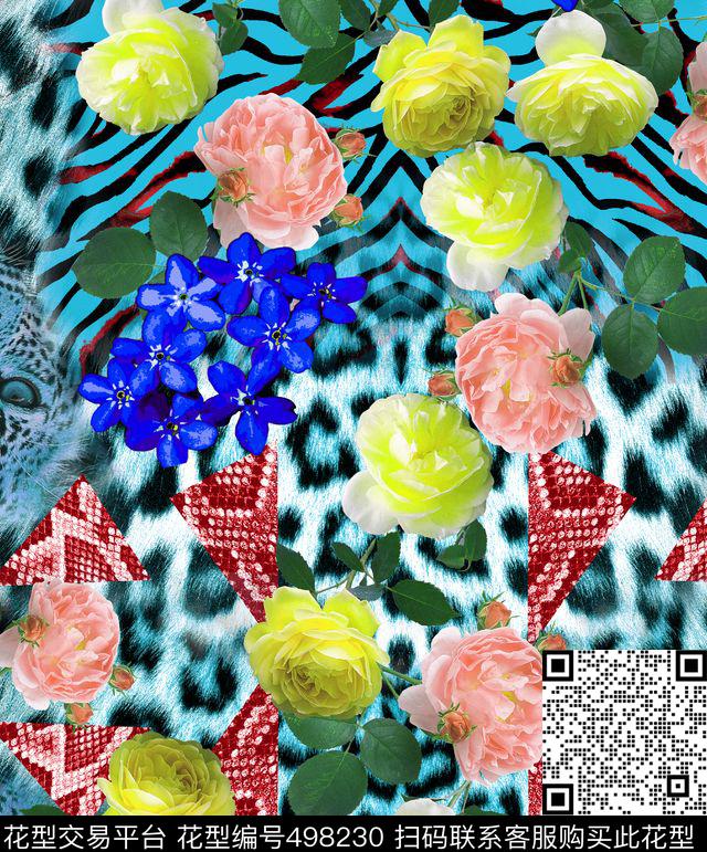动物纹鮮花混搭动物纹理时尚男装数码印花华亿平台下载（图片编号: 498230） - 瓦栏（Walan）