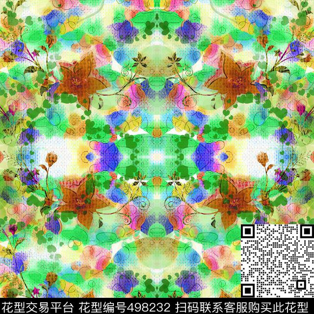 版画风格植物组合数码印花华亿平台下载（图片编号: 498232） - 瓦栏（Walan）