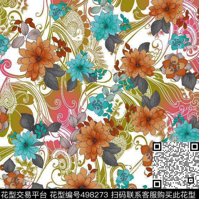 几何花卉云纹彩色几何花卉传统印花华亿平台下载（图片编号: 498273） - 瓦栏（Walan）