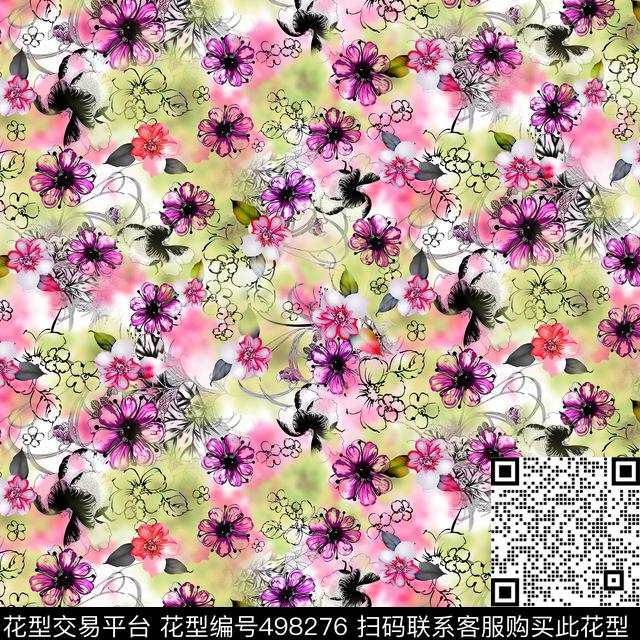 几何花卉云纹彩色数码印花华亿平台下载（图片编号: 498276） - 瓦栏（Walan）