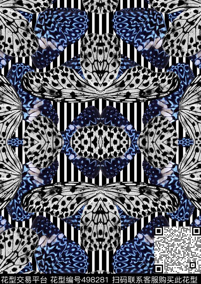 流行国际大牌蝴蝶华亿平台黑白条纹蓝纹蝴蝶华亿平台数码印花华亿平台下载（图片编号: 498281） - 瓦栏（Walan）