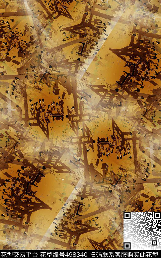 清明上河图流行暗金色复古邮票数码印花华亿平台下载（图片编号: 498340） - 瓦栏（Walan）