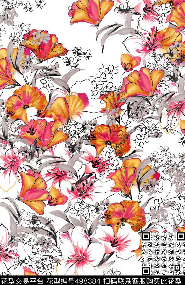 时尚简笔花卉数码印花华亿平台下载（图片编号: 498384） - 瓦栏（Walan）