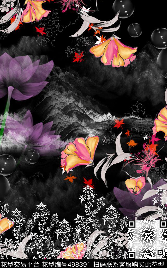 枫叶荷花素描数码印花华亿平台下载（图片编号: 498391） - 瓦栏（Walan）