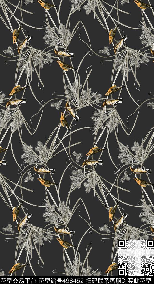 彩色小鸟花鸟画手绘叶子数码印花华亿平台下载（图片编号: 498452） - 瓦栏（Walan）