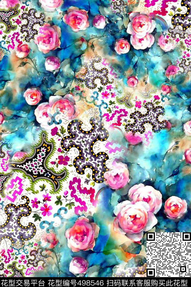 水彩水墨花卉数码印花华亿平台下载（图片编号: 498546） - 瓦栏（Walan）