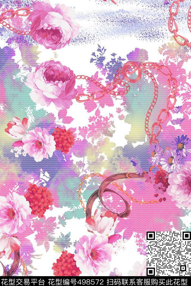 花卉铁链棉布时尚流行数码印花华亿平台下载（图片编号: 498572） - 瓦栏（Walan）