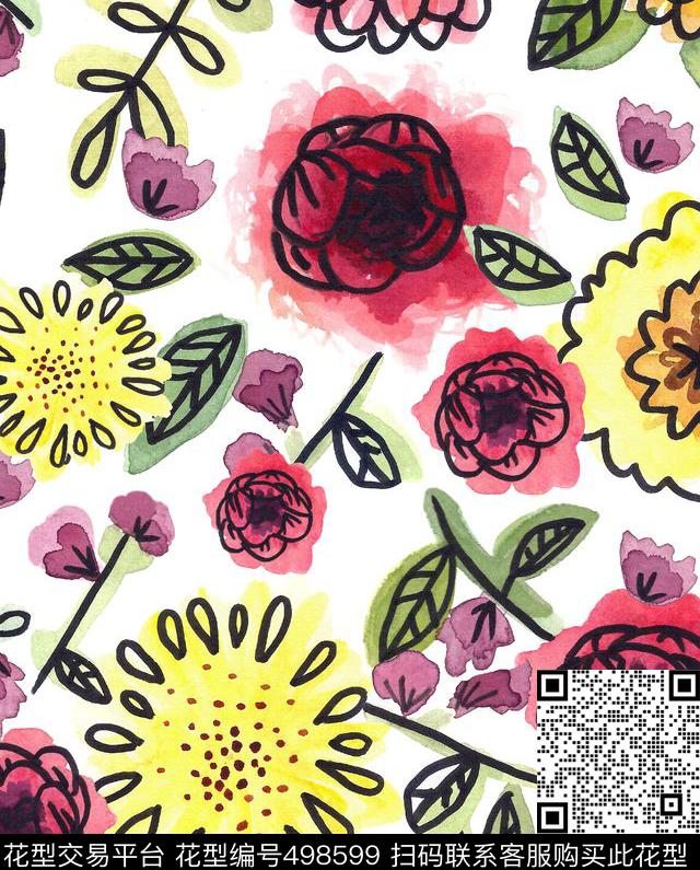 手绘花卉女装数码印花华亿平台下载（图片编号: 498599） - 瓦栏（Walan）