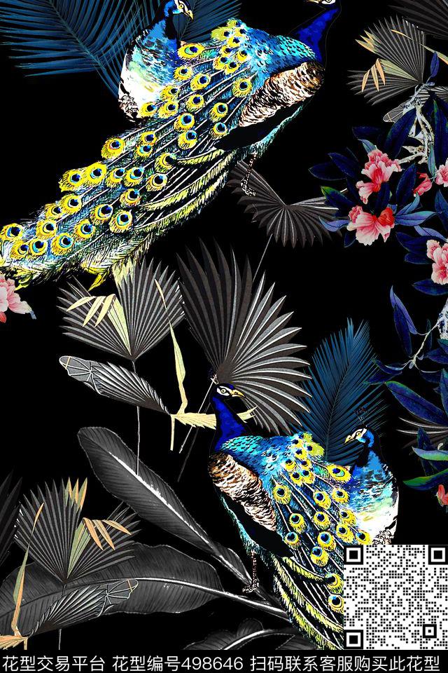 数码孔雀热带树叶数码印花华亿平台下载（图片编号: 498646） - 瓦栏（Walan）