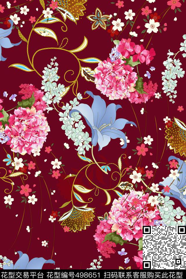 抽象花卉植物数码印花华亿平台下载（图片编号: 498651） - 瓦栏（Walan）