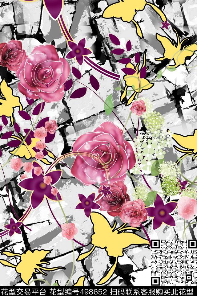 抽象水墨花卉数码印花华亿平台下载（图片编号: 498652） - 瓦栏（Walan）