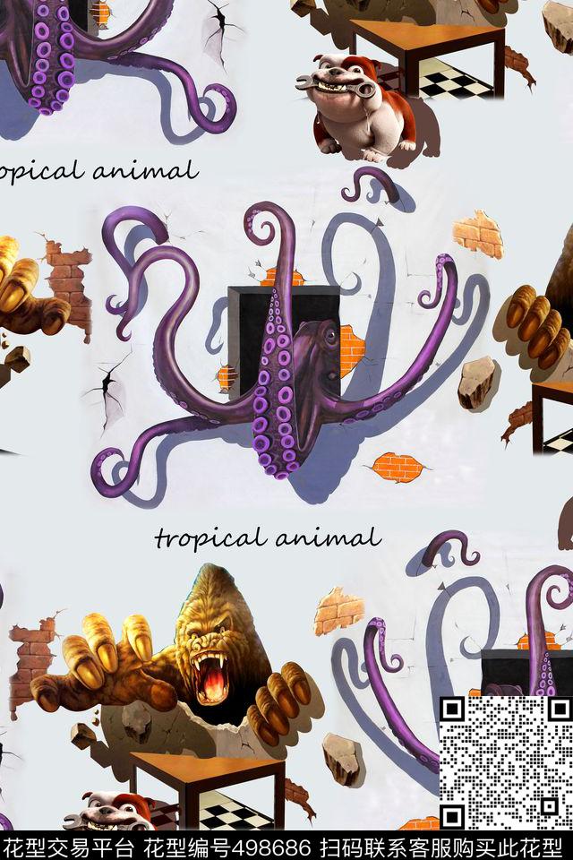 3D立体章鱼猩猩数码印花华亿平台下载（图片编号: 498686） - 瓦栏（Walan）