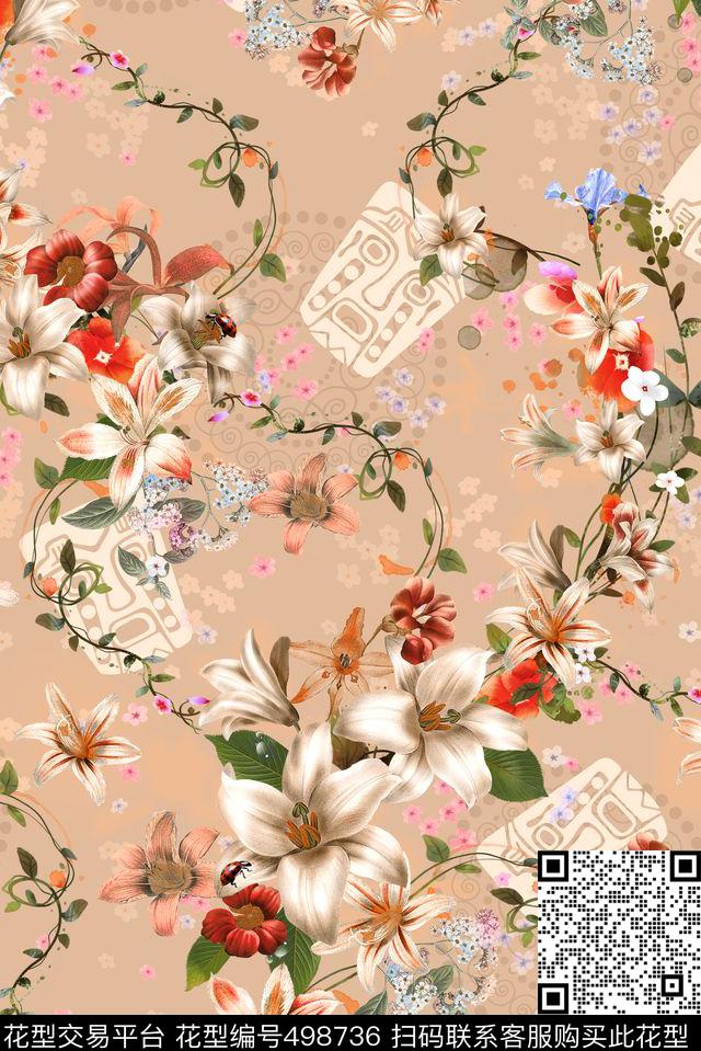 花卉藤条图腾写实数码印花华亿平台下载（图片编号: 498736） - 瓦栏（Walan）