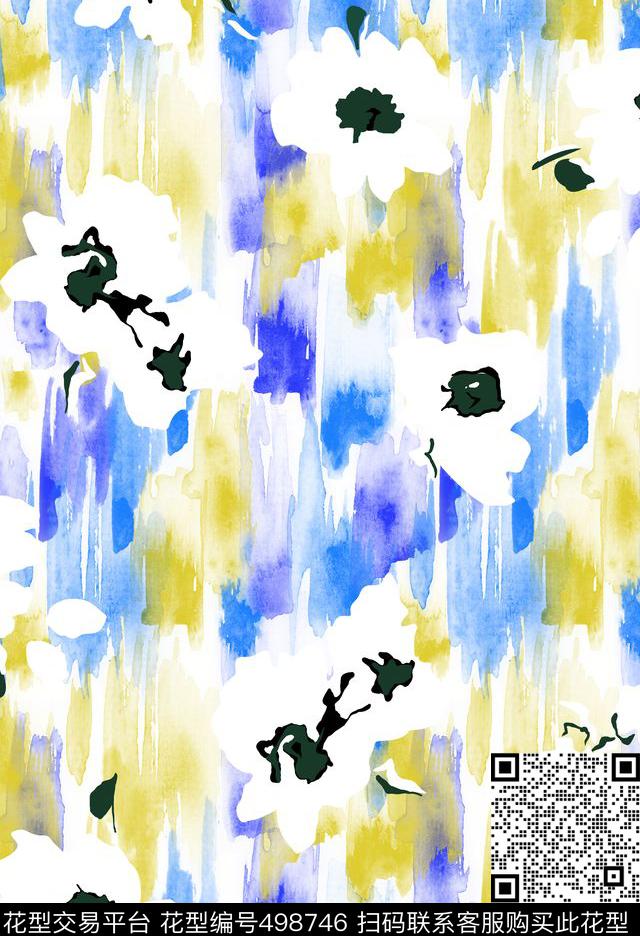 白色花卉清新水彩数码印花华亿平台下载（图片编号: 498746） - 瓦栏（Walan）