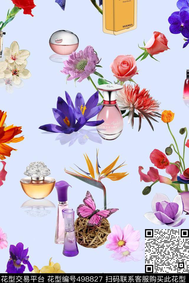 花卉香水蝴蝶数码印花华亿平台下载（图片编号: 498827） - 瓦栏（Walan）