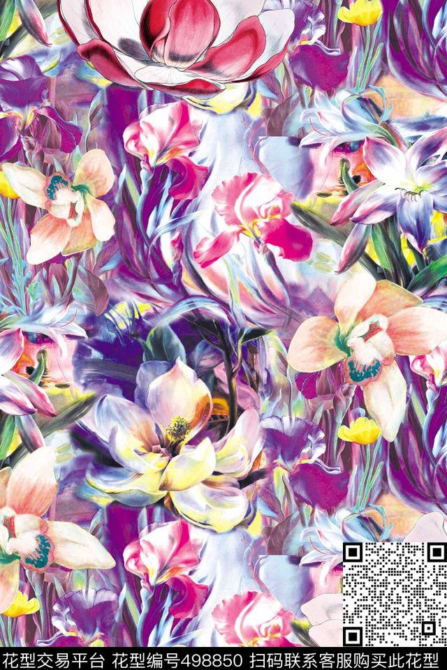 花卉潮流时尚大牌手绘花卉数码印花华亿平台下载（图片编号: 498850） - 瓦栏（Walan）