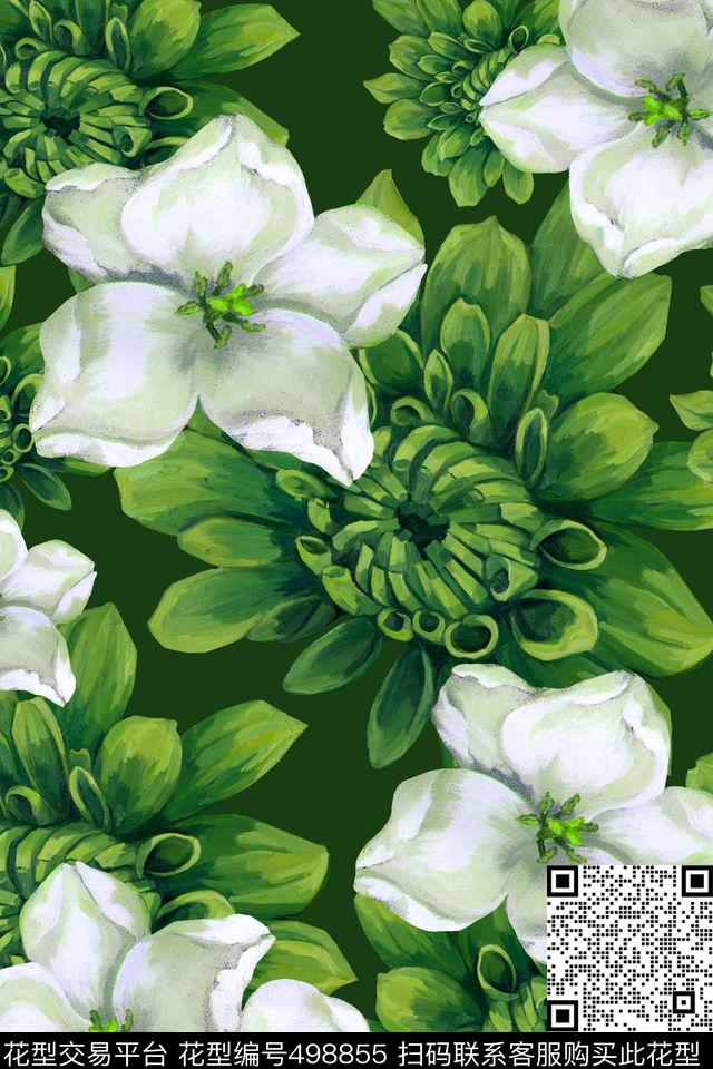 花卉潮流时尚大牌手绘花卉数码印花华亿平台下载（图片编号: 498855） - 瓦栏（Walan）