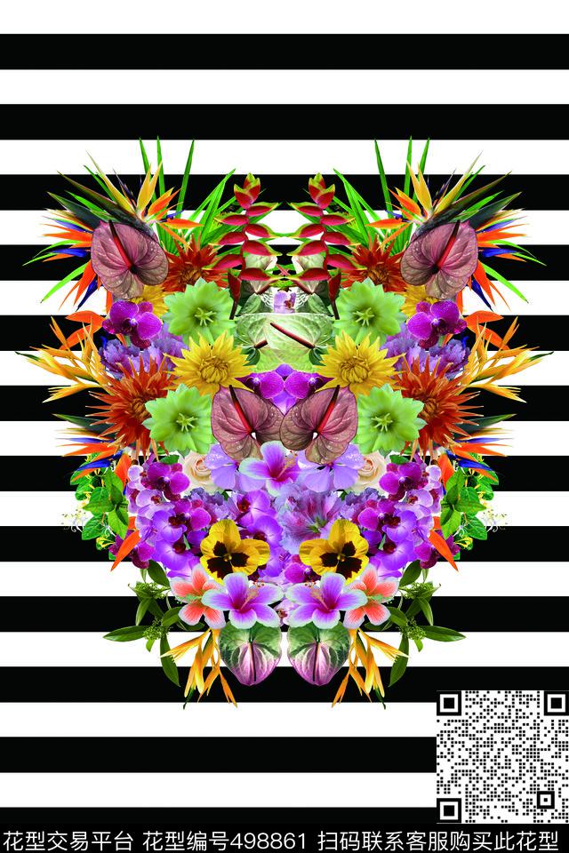 热带植物热带植物、仙人掌花、天堂鸟、扶桑、百花条纹数码印花华亿平台下载（图片编号: 498861） - 瓦栏（Walan）