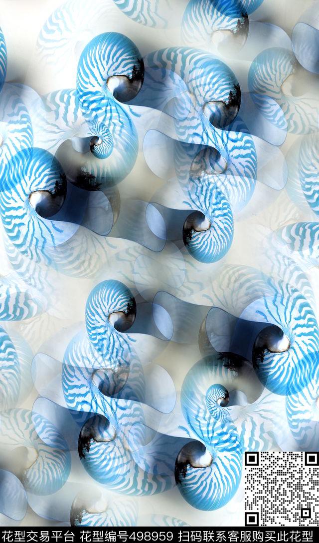 海螺纹沙滩风青花瓷肌理休闲时尚海螺纹数码印花华亿平台下载（图片编号: 498959） - 瓦栏（Walan）